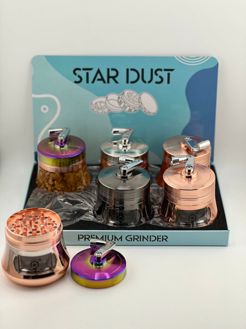 Star Dust Herb Grinder With Handle and funnel Assorted Colors 4pc 6ct Display