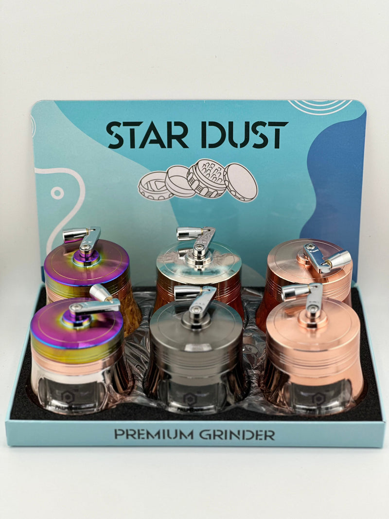 Star Dust Herb Grinder With Handle and funnel Assorted Colors 4pc 6ct Display