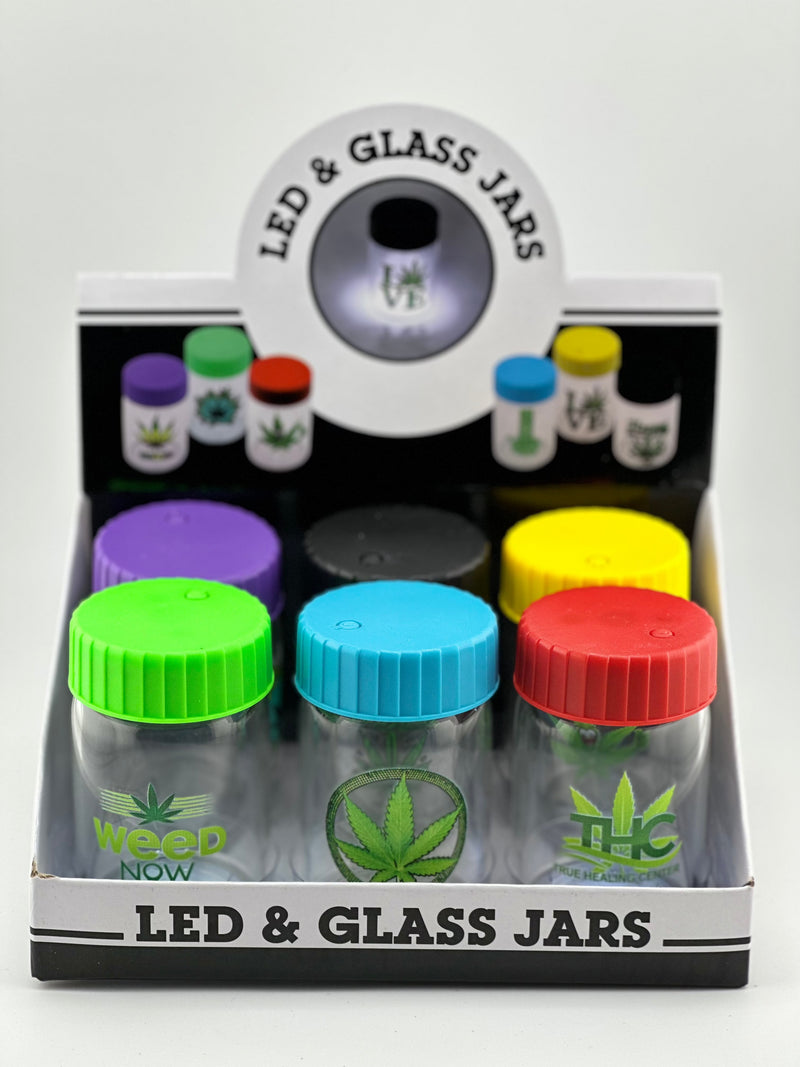 Airtight Glass Jar LED Ligth Push Button Assorted 420 Leaf Design & Colors 6ct Display