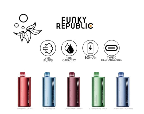 Funky Republic 5% NIC TI7000 Puffs 17ML 5ct Disposable Vapw - Premium Coming soon from Coming soon - Just $40! Shop now at H&S WHOLESALE